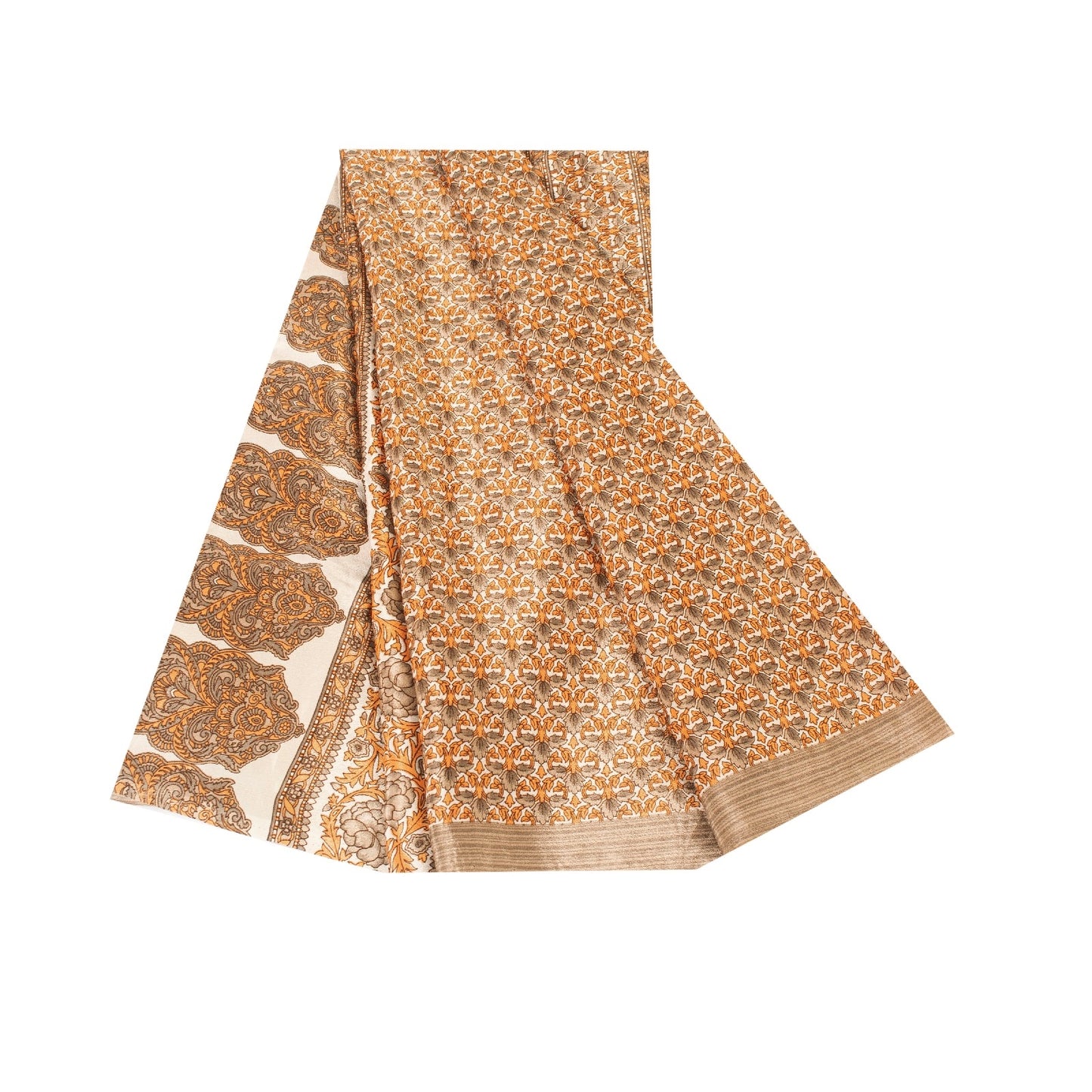 Sanskriti Vintage Sarees Golden Moss Crepe Floral Printed 5+YD Sari For Crafters