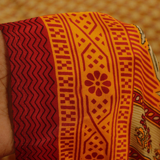 Sanskriti Vintage Sarees Cream Moss Crepe Floral Printed 5+YD Home Decor Sari