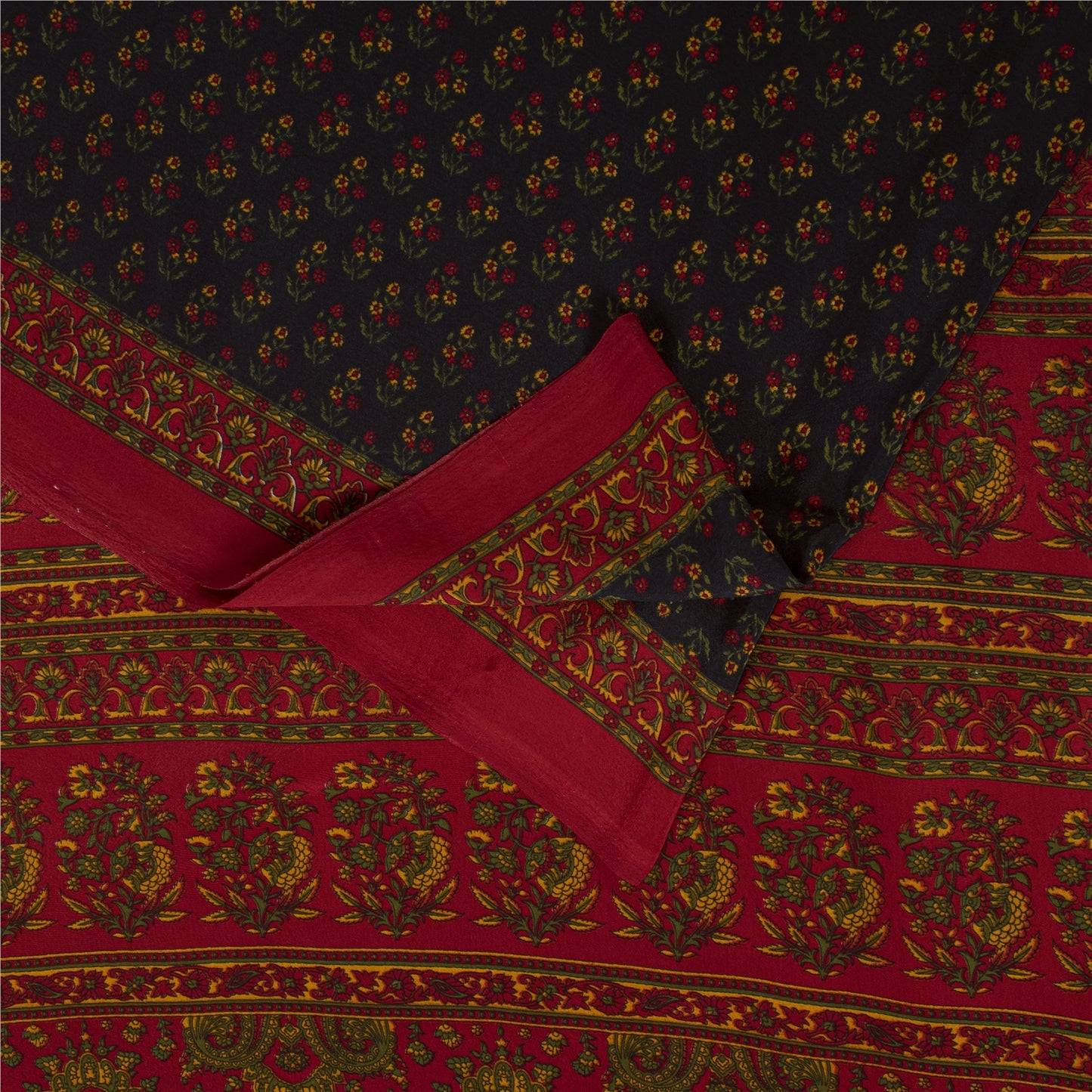 Sanskriti Vintage Blue & Red Moss Crepe Sarees Floral BlockPrint 6+YD Craft Sari