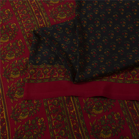 Sanskriti Vintage Blue & Red Moss Crepe Sarees Floral BlockPrint 6+YD Craft Sari