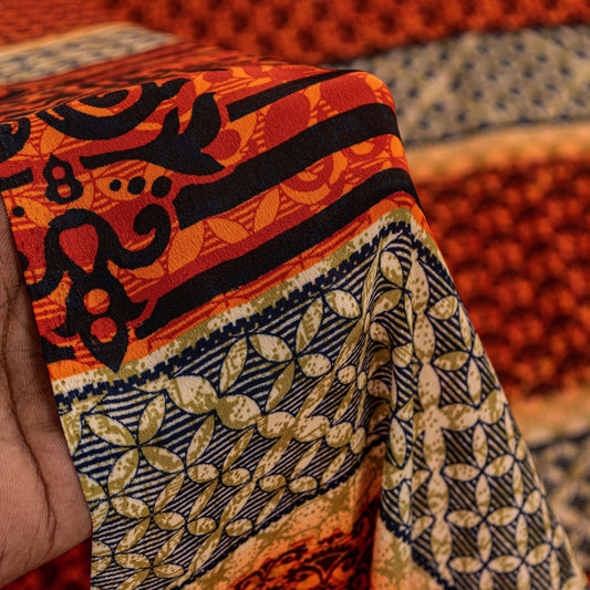 Sanskriti Vintage Sarees Craft Supplies Orange Floral Print 5+YD Moss Crepe Sari