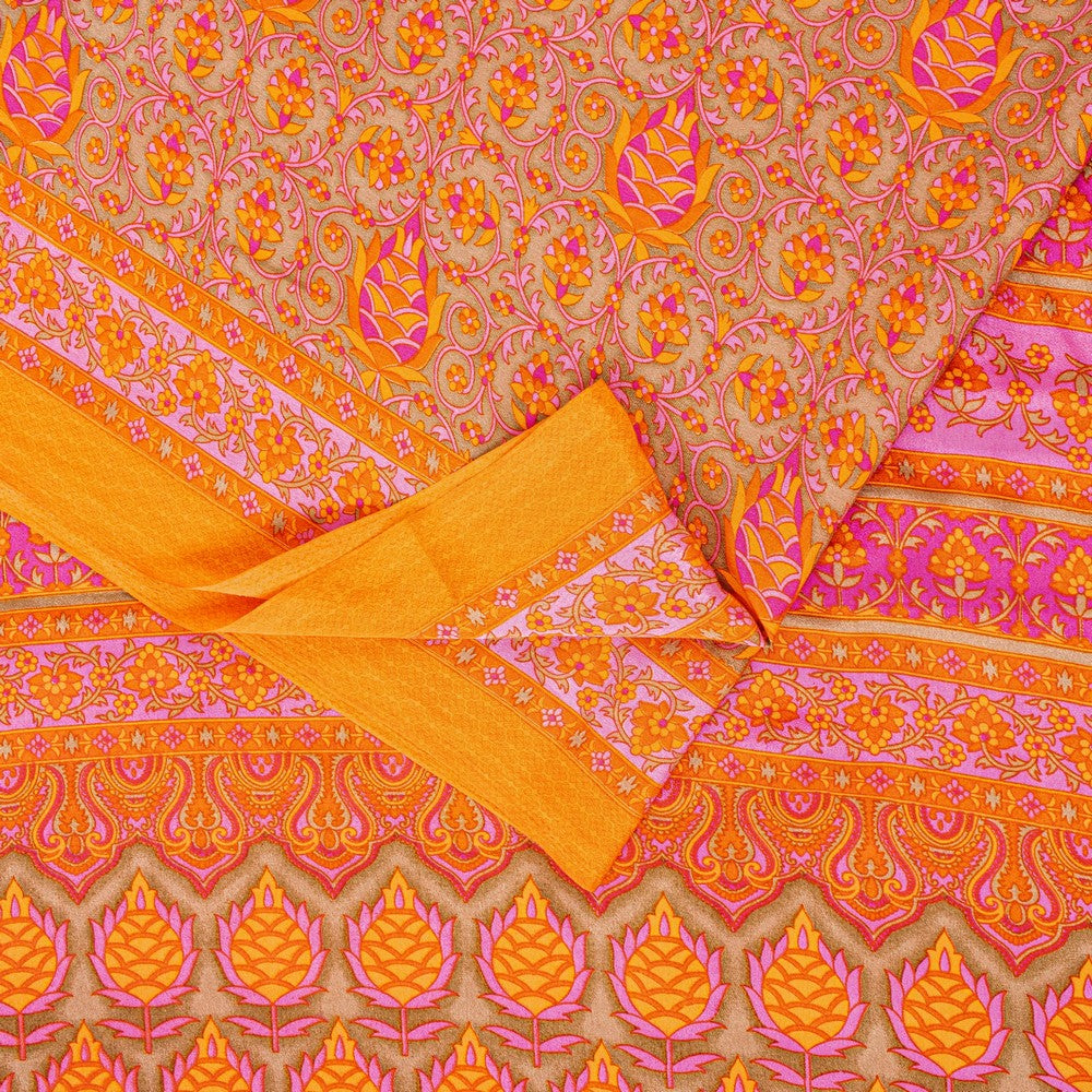 Sanskriti Vintage Sarees Craft Orange & Pink Floral Print 5+YD Moss Crepe Sari