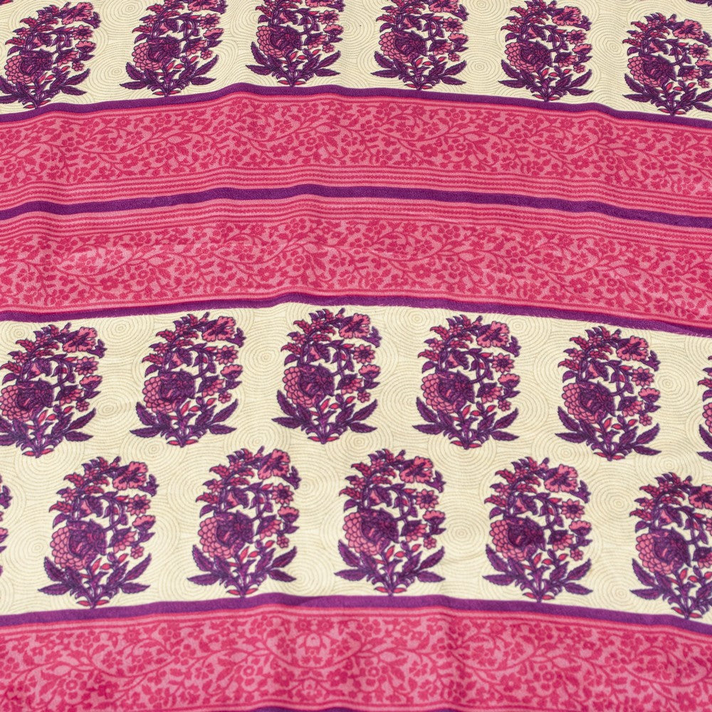 Sanskriti Vintage Saree Ivory & Pink 6+Yd Moss Crepe Saree Craft Supplies Ivory Block Print Floral Decor, Upcycled, Recycled, For Sewing