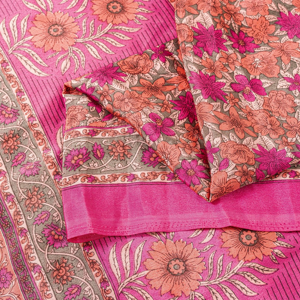 Sanskriti Vintage Sarees Craft Supplies Pink Floral Print 5+YD Moss Crepe Sari