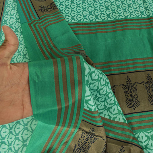Sanskriti Vintage Saree Green Moss Crepe Floral Block Printed Sari 5.5YD Fabric