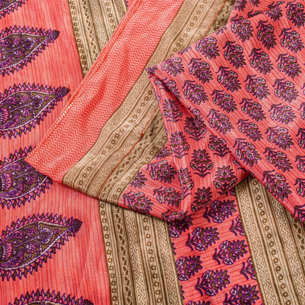 Sanskriti Vintage Saree Pink 5+Yd Moss Crepe Craft Saree Floral Block Printed Soft Sari Pre-Owned Indian Upcycled, Recycled, For Sewing