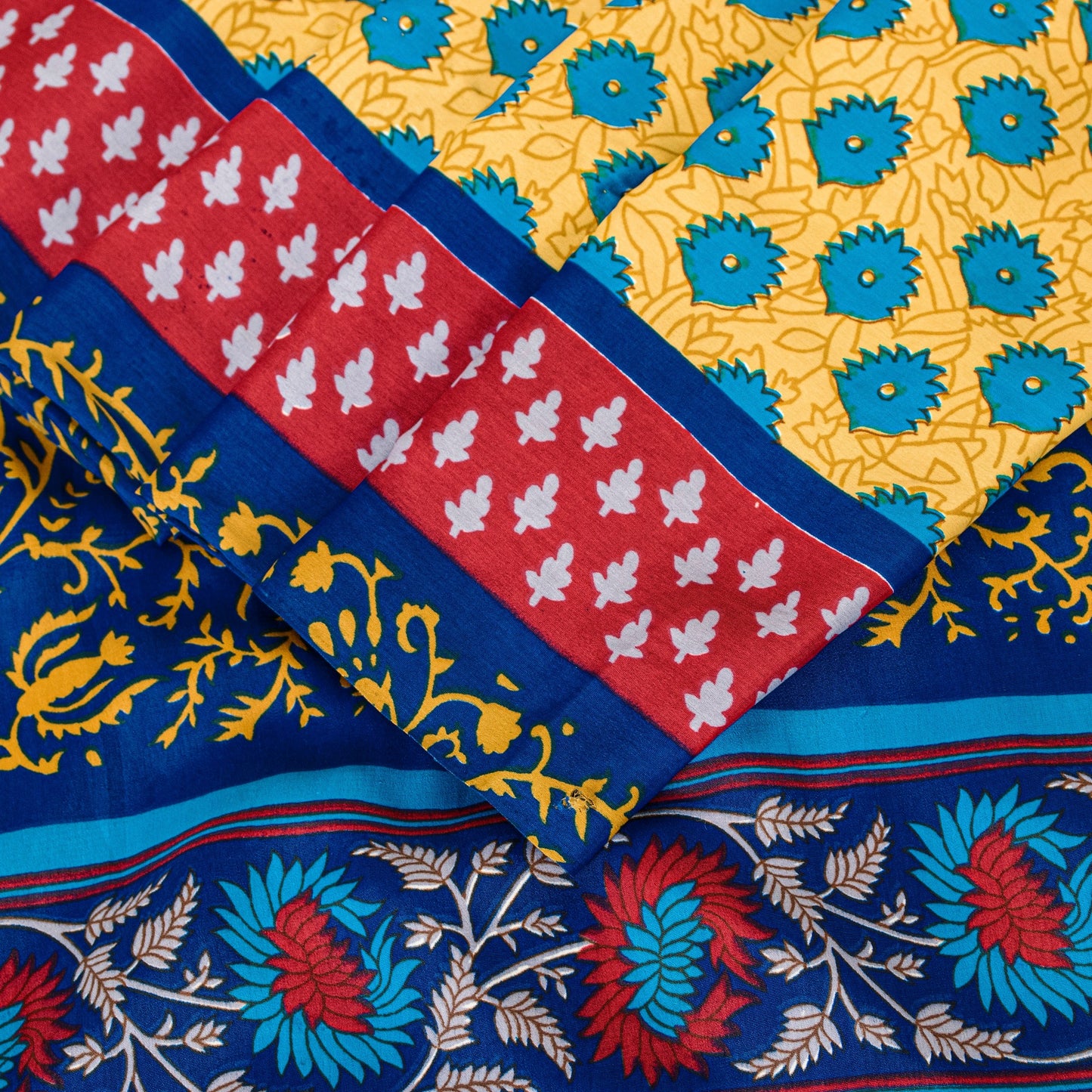 Sanskriti Vintage Blue-Yellow Moss Crepe Sarees Block Print 5.5 YD Floral Fabric