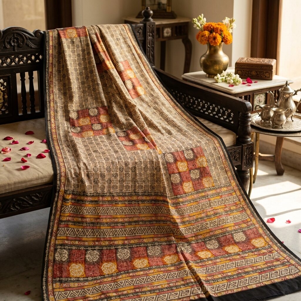 Sanskriti Vintage Cream Moss Crepe Saree Floral Print Fabric 5.5+Yard Craft Sari