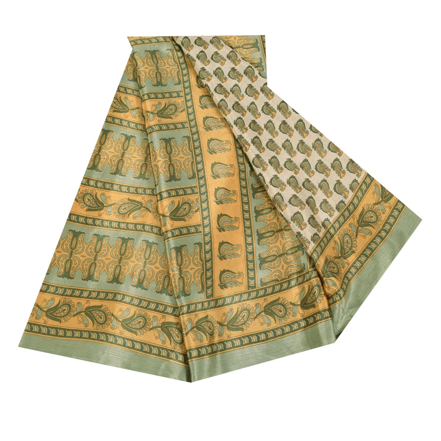 Sanskriti Vintage Soft Cream Moss Crepe Saree Paisley Printed Sari 5.5YD Fabric