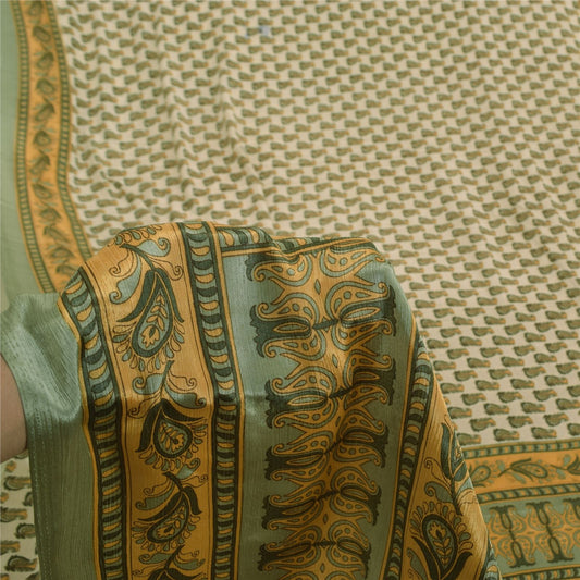 Sanskriti Vintage Soft Cream Moss Crepe Saree Paisley Printed Sari 5.5YD Fabric