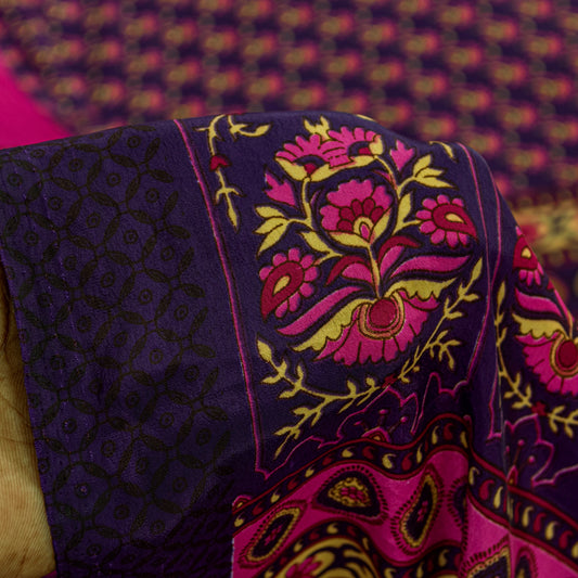 Sanskriti Vintage Sarees Purple & Pink Floral Printed 5+YD Moss Crepe Soft Sari