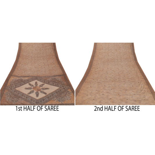 Sanskriti Vintage Moss Crepe Brown Sarees Printed Sari 5 Yd Craft Decor Sustainable Fabric