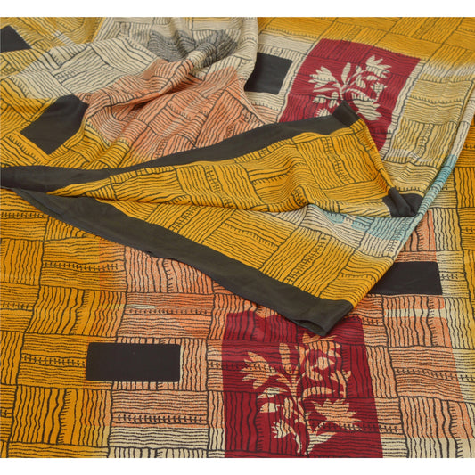 Sanskriti Vintage Mustard Sarees Moss Crepe Printed Sari 5Yd Craft Decor Fabric