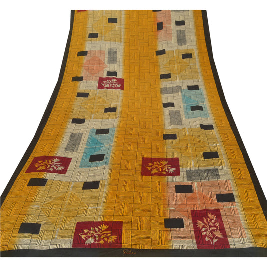 Sanskriti Vintage Mustard Sarees Moss Crepe Printed Sari 5Yd Craft Decor Fabric
