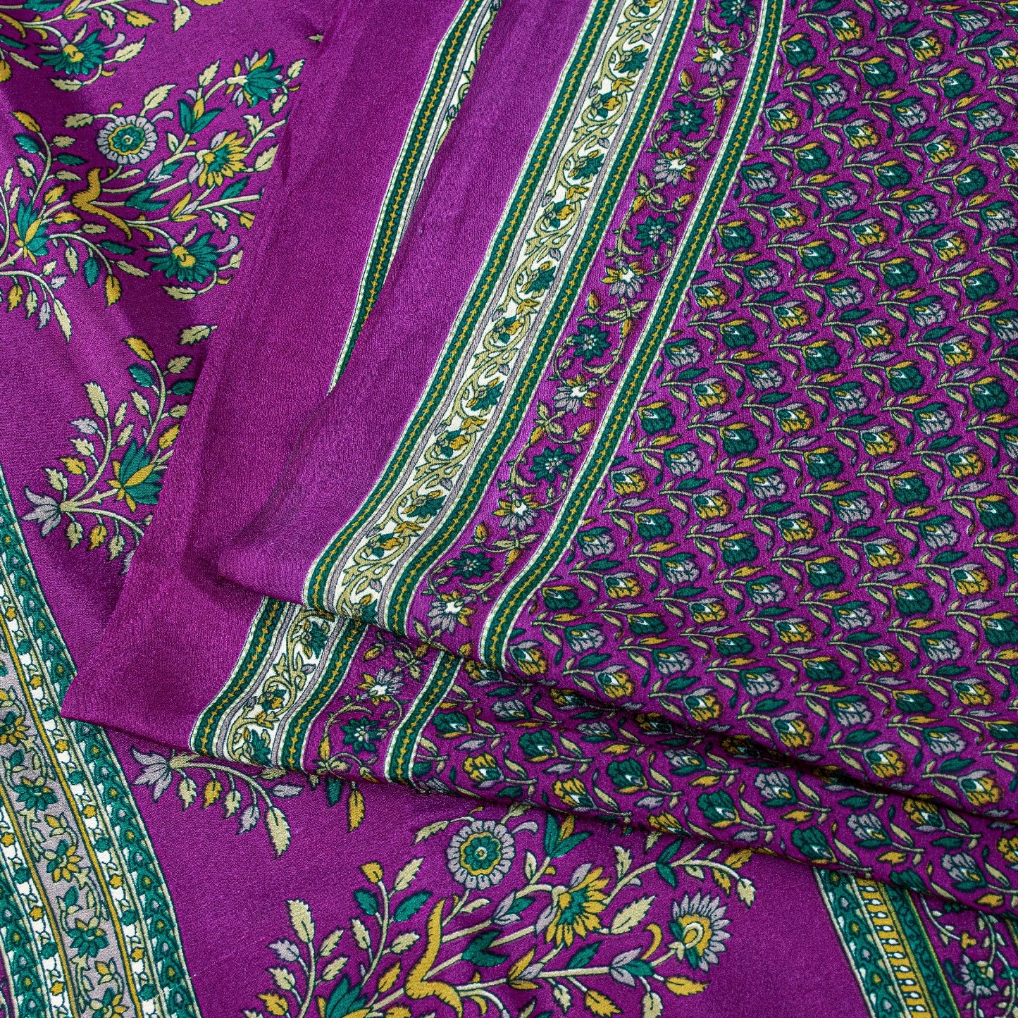 Sanskriti Vintage Craft Supplies Home Deco Purple Floral Printed Sari Moss Crepe