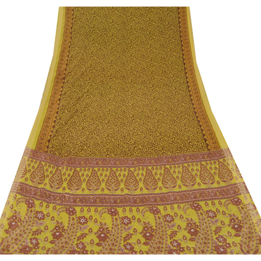 Sanskriti Vintage Green & Brown Sarees Moss Crepe Printed Sari Decor 5 Yd Craft Fabric