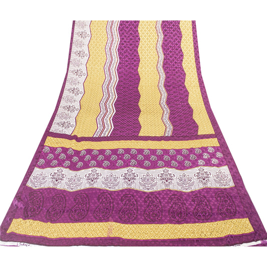 Sanskriti Vintage Saree Moss Crepe 5+Yd Saree Multicolor Floral Printed Woven Sari Craft Fabric For Crafting, Upcycling, or Even Wearing