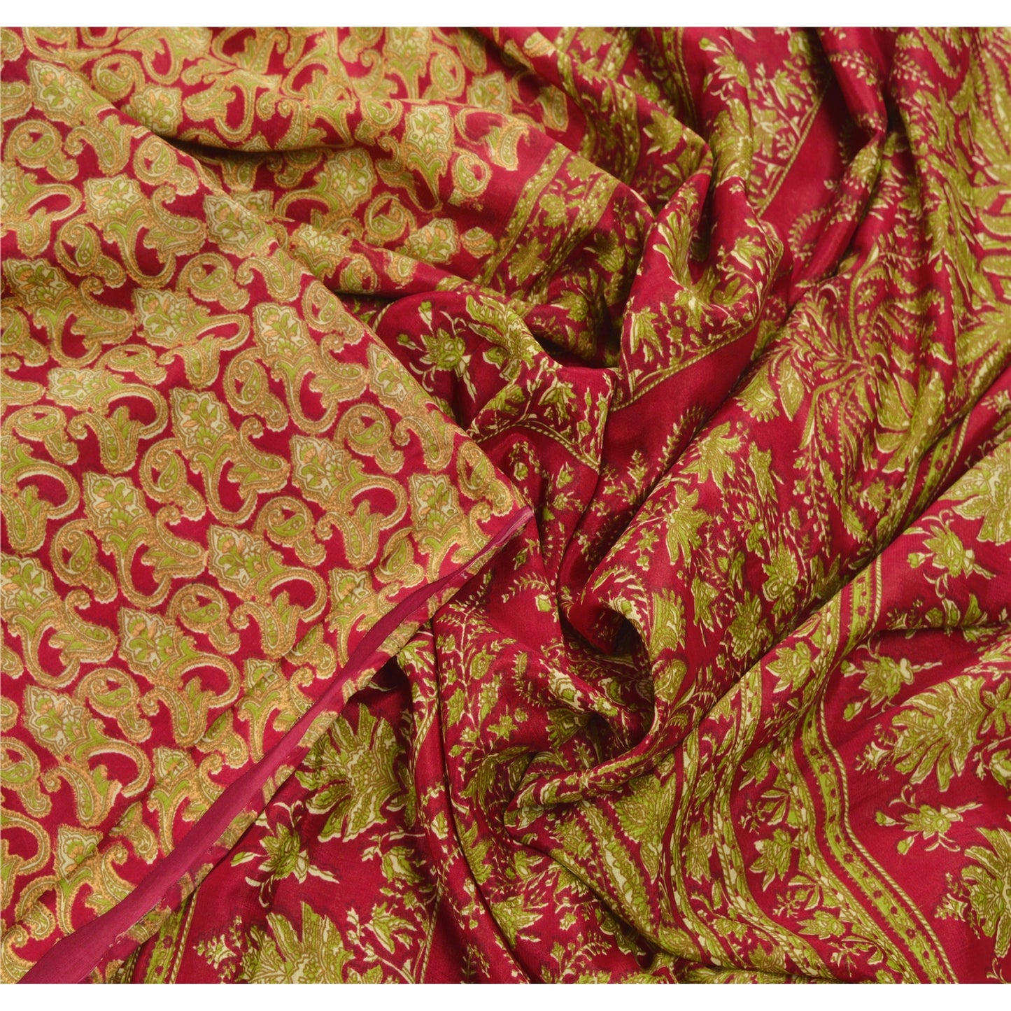 Sanskriti Vintage Sari Moss Crepe Red Sarees Paisley Printed 5 Yard Craft Fabric Floral Design- Dresses, Kaftans, Skirts, Projects