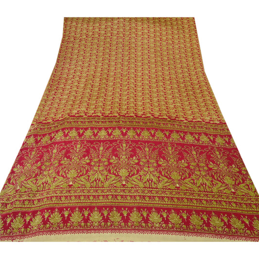 Sanskriti Vintage Sari Moss Crepe Red Sarees Paisley Printed 5 Yard Craft Fabric Floral Design- Dresses, Kaftans, Skirts, Projects