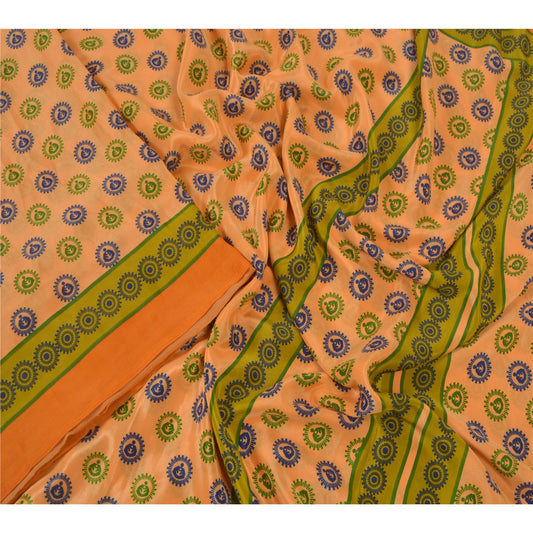 Sanskriti Vintage Peach Sarees Moss Crepe Printed Sari 5Yd Craft Decor Fabric
