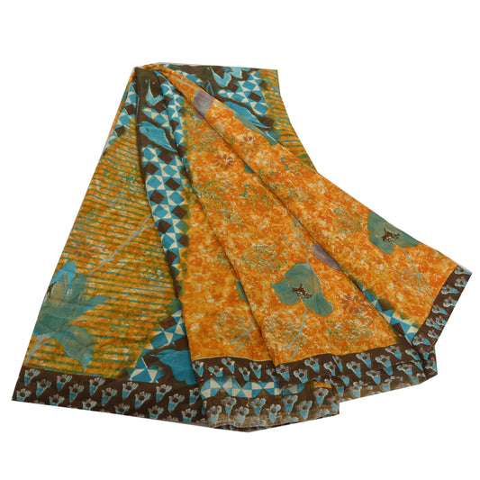 Sanskriti Vintage Saffron Indian Sarees Moss Crepe Printed Sari 5YD Craft Fabric