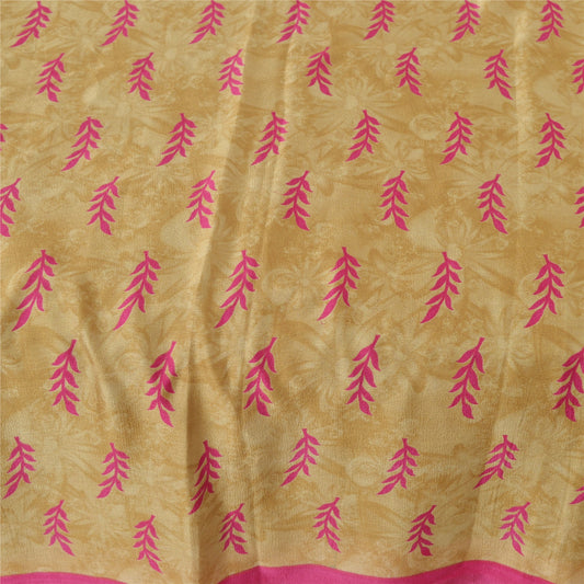 Sanskriti Vintage Cream Sarees Moss Crepe Printed Sari Decor 5 Yard Craft Fabric