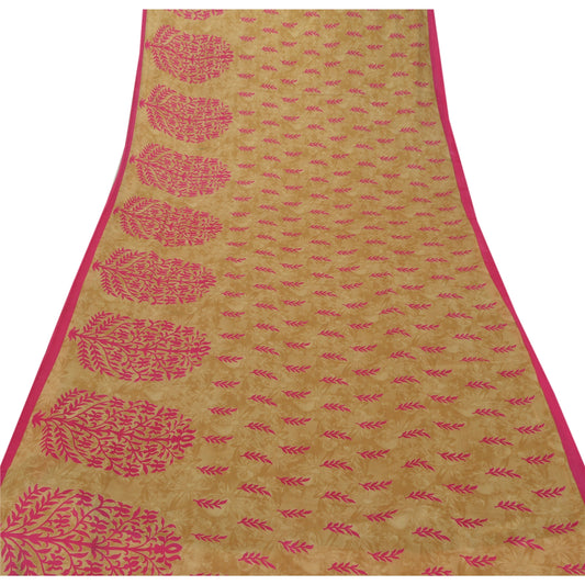 Sanskriti Vintage Cream Sarees Moss Crepe Printed Sari Decor 5 Yard Craft Fabric