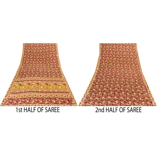 Sanskriti Vintage Red Indian Sarees Moss Crepe Printed Sari 5+YD Craft Fabric