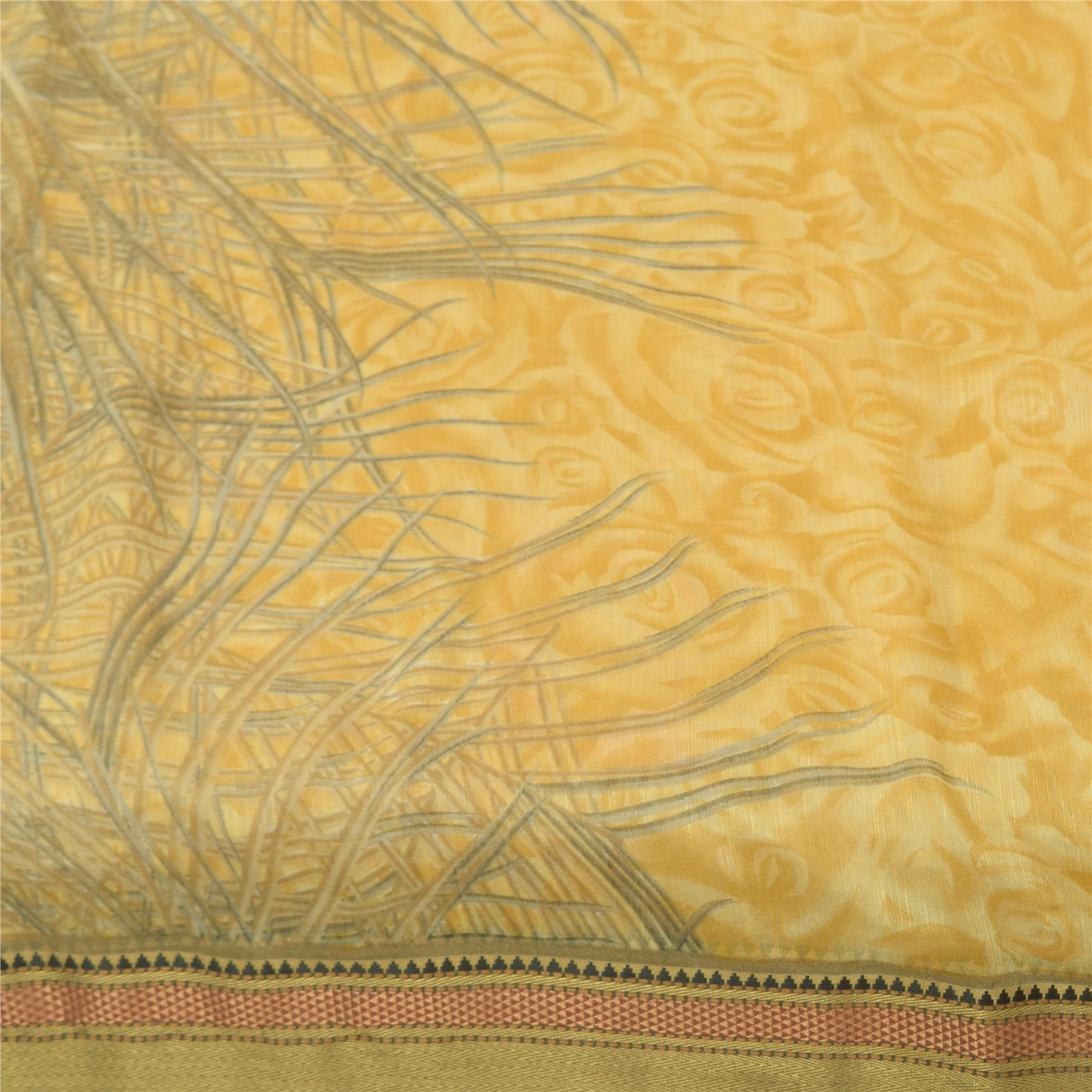 Sanskriti Vintage Mustard Peacock Feather Sarees Chanderi Print Sari 5+YD Fabric