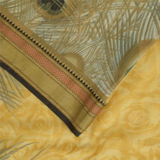 Sanskriti Vintage Mustard Peacock Feather Sarees Chanderi Print Sari 5+YD Fabric