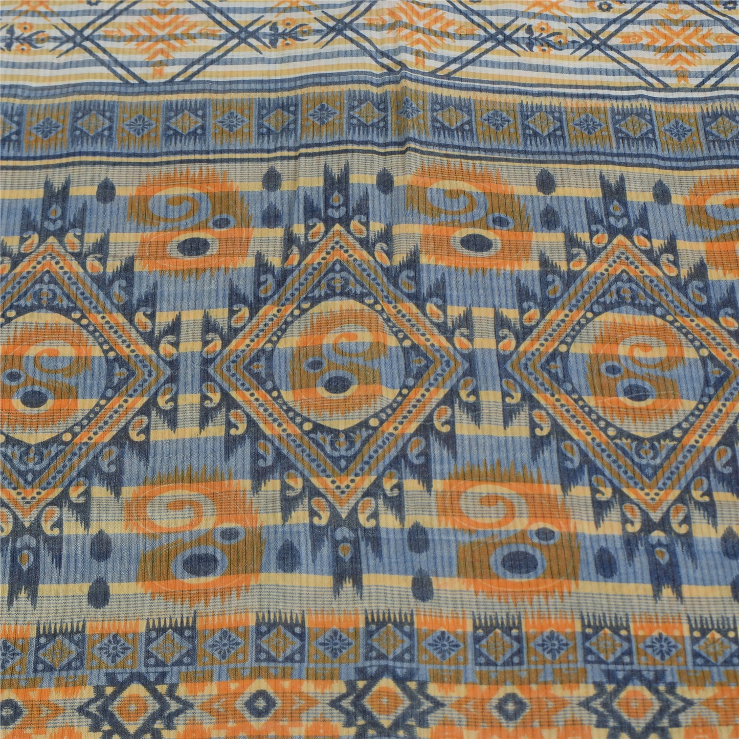 Sanskriti Vintage Blue Blend Cotton Saree Geometric Print Sari 6yd Craft Fabric