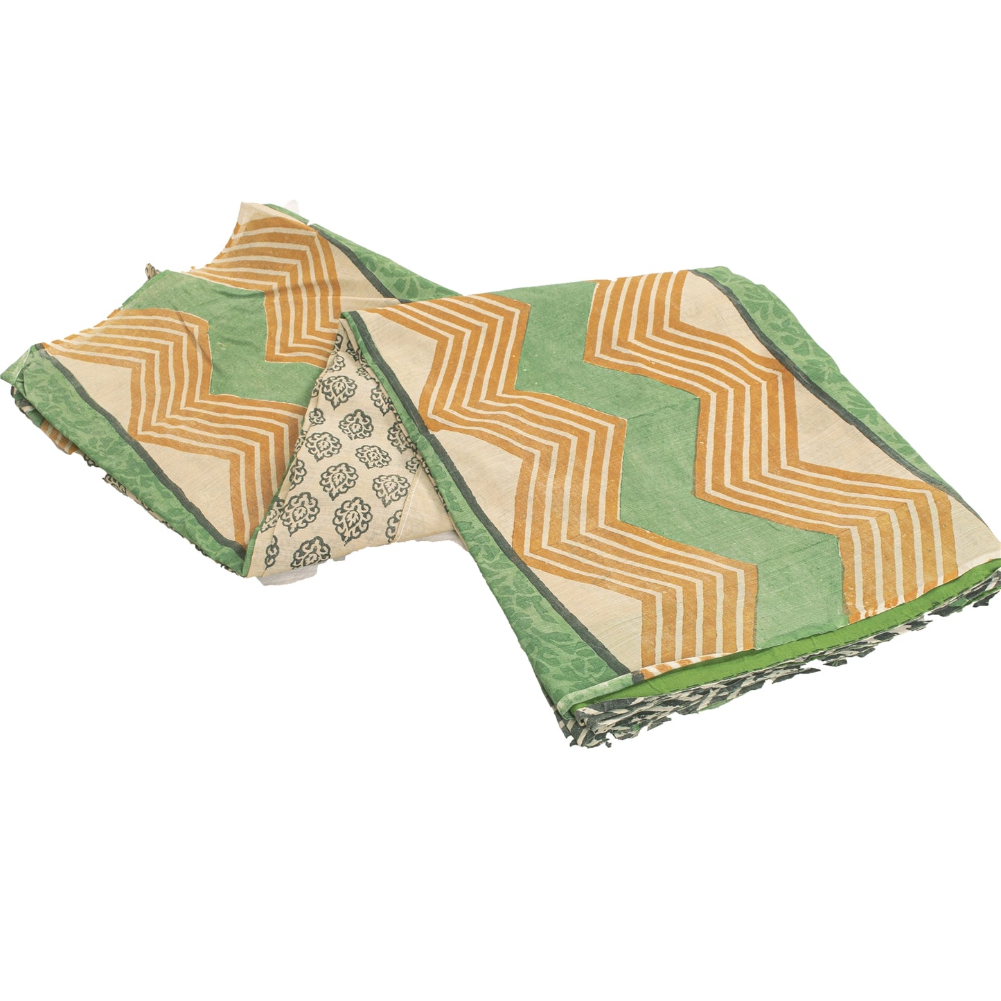 Sanskriti Vintage Cream & Green Saree 100% Pure Cotton Saree Hand Block Printed Sari 6 Yd Fabric For Crafting, Upcycling, Even Wearing