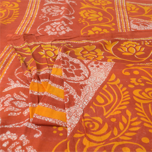 Sanskriti Vintage Sarees Brown/Orange Batik Pure Cotton Print Sari Craft Fabric