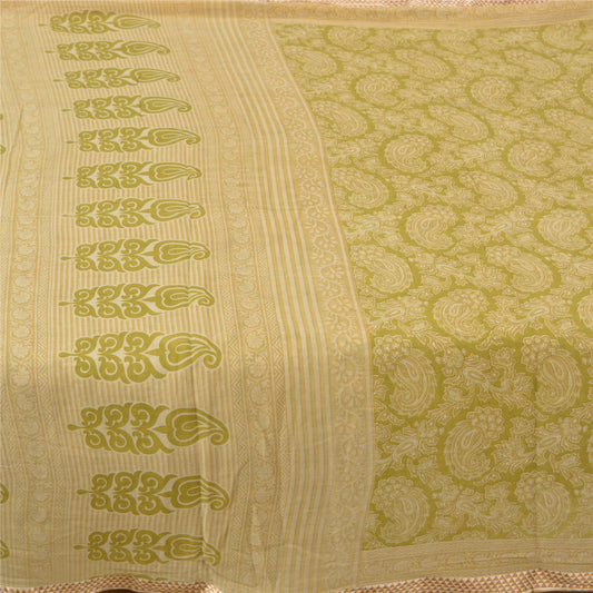 Sanskriti Vintage Sarees Green Block Printed Pure Cotton Sari Soft Craft Sustainable Fabric