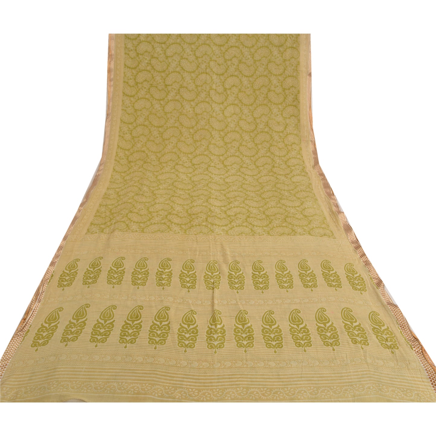 Sanskriti Vintage Sarees Green Block Printed Pure Cotton Sari Soft Craft Sustainable Fabric