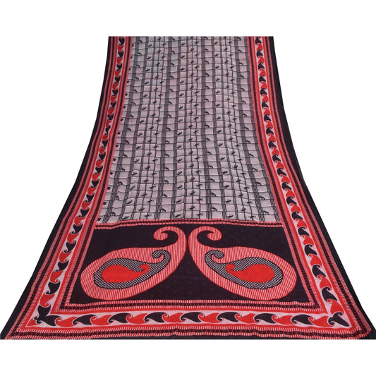 Sanskriti Vintage Sarees Red & Black Pure Cotton Printed Sari 5yd Craft Fabric
