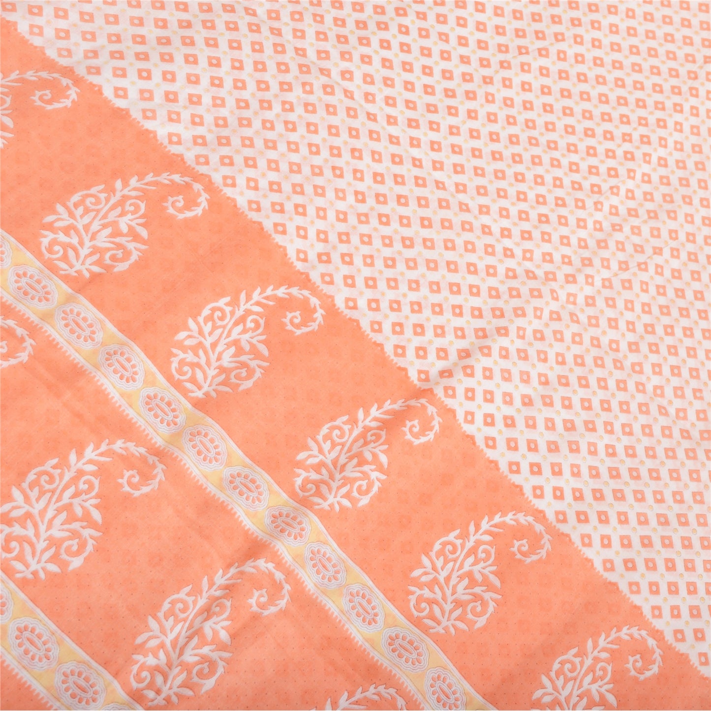 Sanskriti Vintage Saree Ivory & Peach 100% Pure Cotton 5 Yard Saree Block Geometric Paisley Printed Sari Craft Fabric Supplies Home Decor