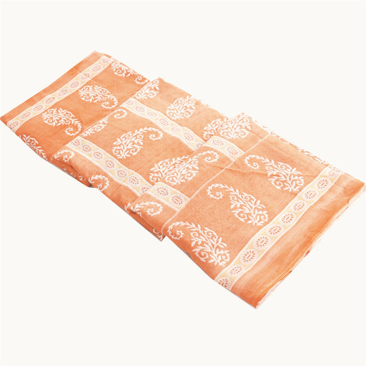 Sanskriti Vintage Saree Ivory & Peach 100% Pure Cotton 5 Yard Saree Block Geometric Paisley Printed Sari Craft Fabric Supplies Home Decor