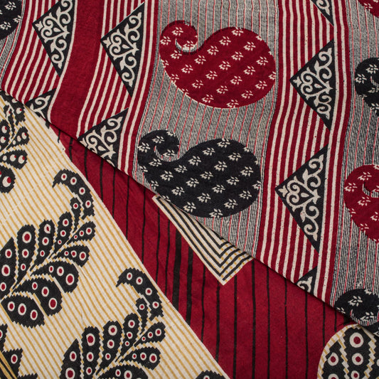Sanskriti Vintage Saree Red Pure Cotton Paisley Printed Craft Fabric 5+Yard Sari