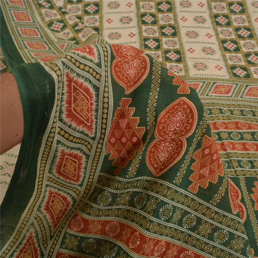 Sanskriti Vintage Sarees Green & Cream Pure Cotton Printed Sari 5yd Craft Fabric