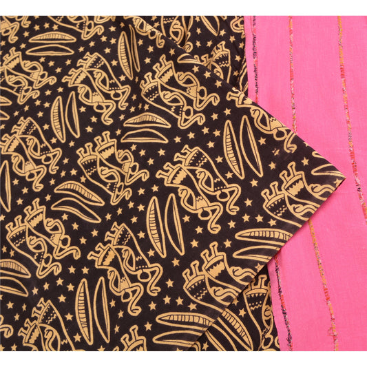 Sanskriti Vintage Sarees Pink/Black Human Printed Pure Cotton Sari Craft Sustainable Fabric