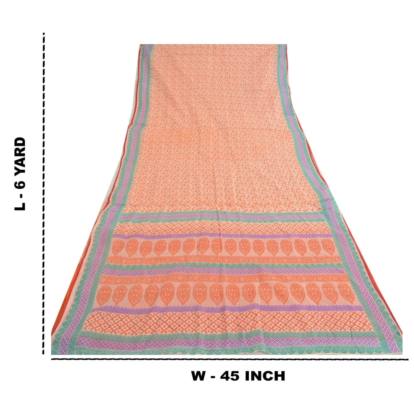 Sanskriti Vintage Sarees Cream/Orange Pure Cotton Printed Sari 5yd Craft Sustainable Fabric