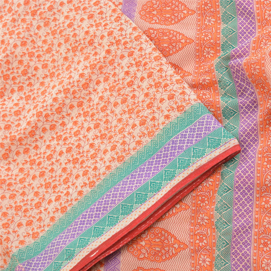 Sanskriti Vintage Sarees Cream/Orange Pure Cotton Printed Sari 5yd Craft Sustainable Fabric