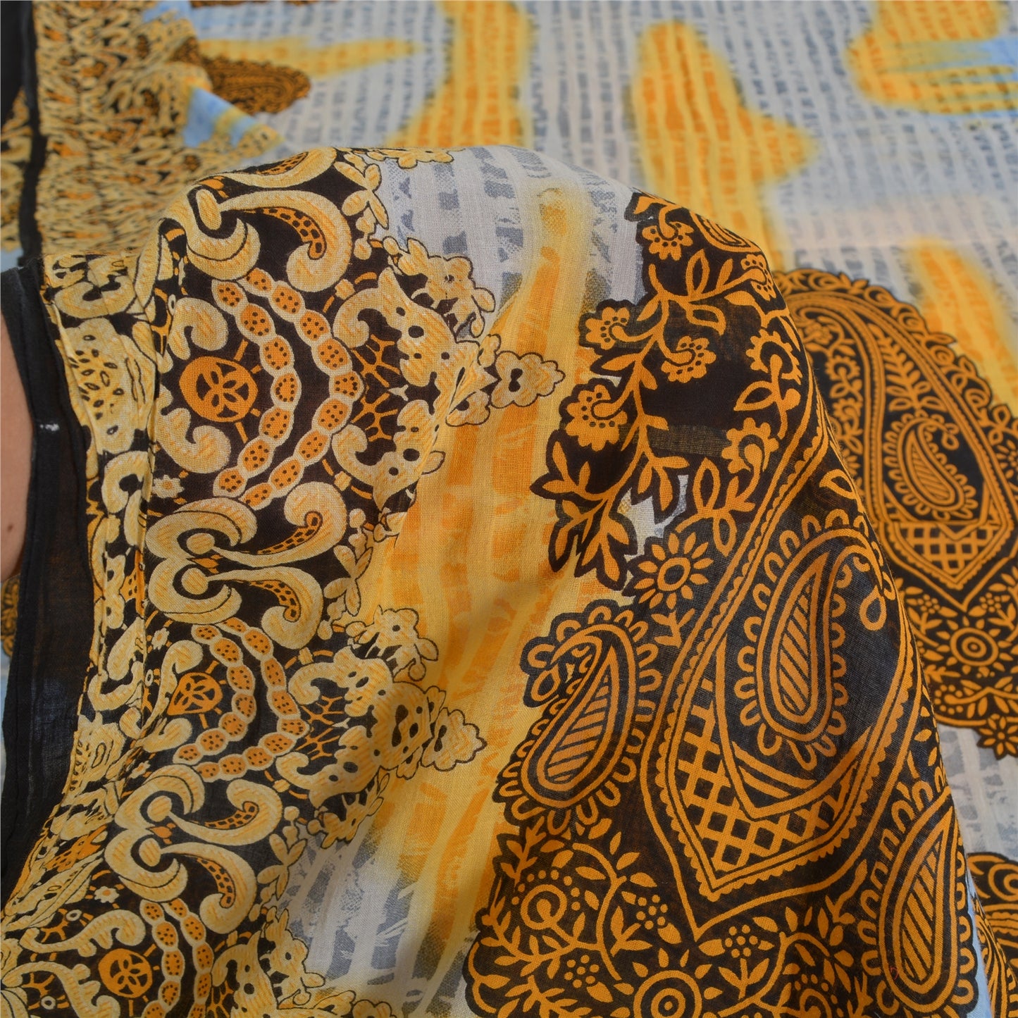 Sanskriti Vintage Sarees Sky-Blue Pure Cotton Printed Sari 5yd Craft Sustainable Fabric