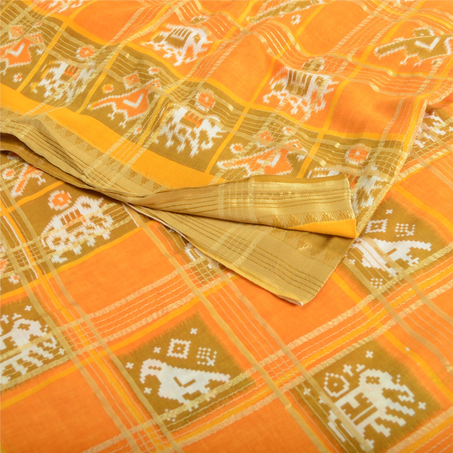 Sanskriti Vintage Sarees Yellow Pure Cotton Patan Patola Ikat Print Sari Sustainable Fabric