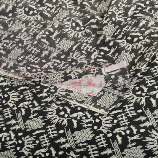 Sanskriti Vintage Sarees Ivory/Black Blend Cotton Warli Art Printed Sari Sustainable Fabric