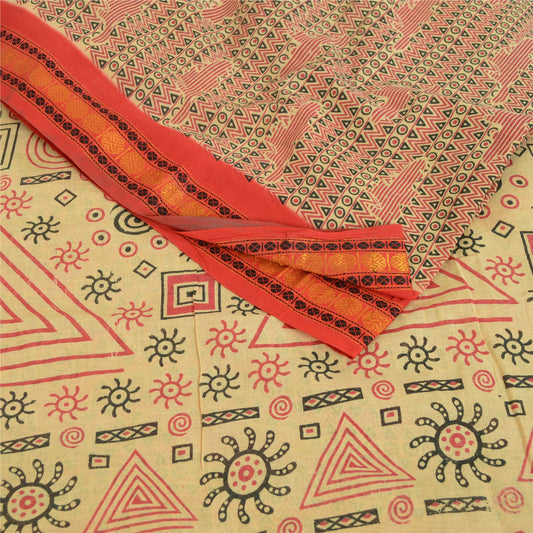 Sanskriti Vintage Sarees Cream Pure Cotton Block Printed Sari 5yd Craft Sustainable Fabric