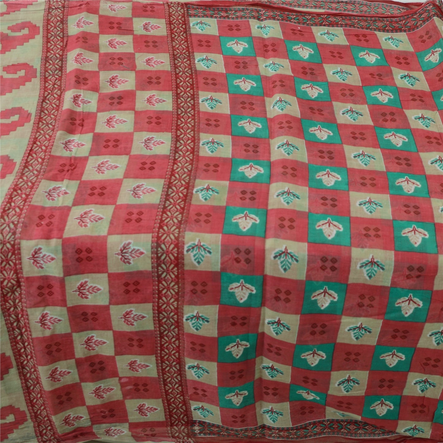 Sanskriti Vintage Sarees From India Red Pure Cotton Print Sari 5yd Craft Sustainable Fabric