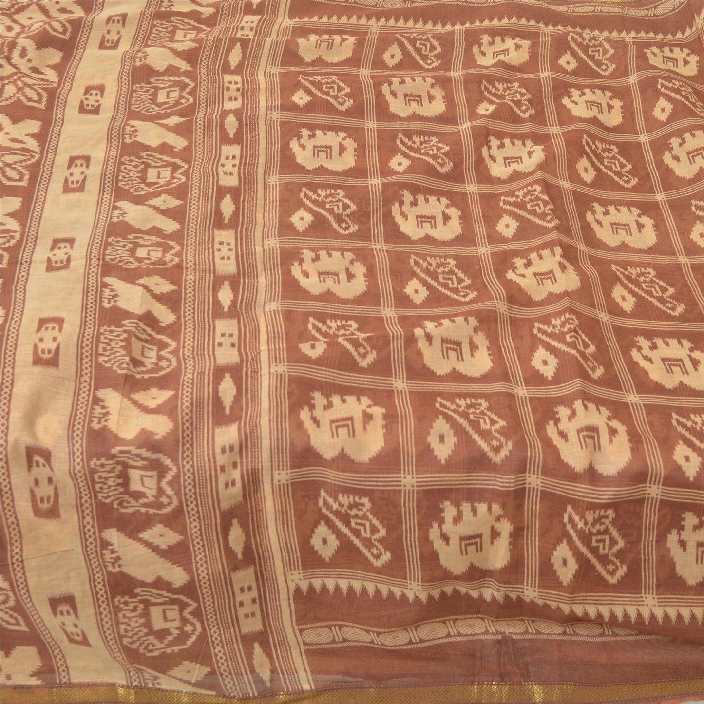 Sanskriti Vintage Sarees Brown Patan Patola Animal Print Pure Cotton Sari Sustainable Fabric
