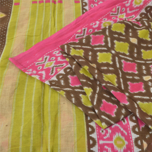 Sanskriti Vintage Sarees Brown/Pink Patan Patola Pure Cotton Printed Sari Sustainable Fabric